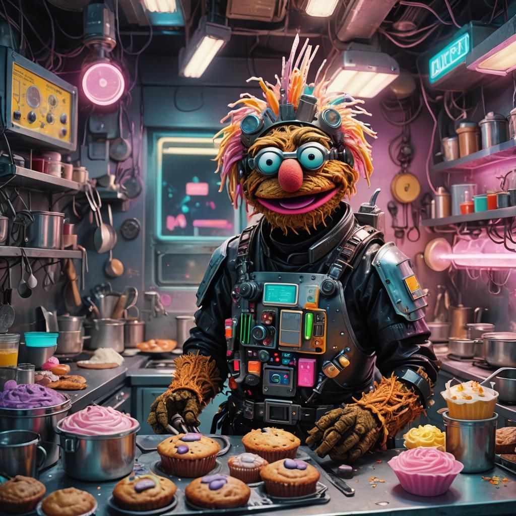 Cyberpunk Muppet Baker in Dystopian Kitchen