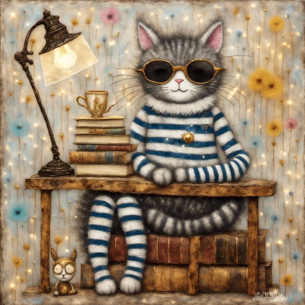 Pirate Cat Encaustic Art Piece in Vintage Bookshop