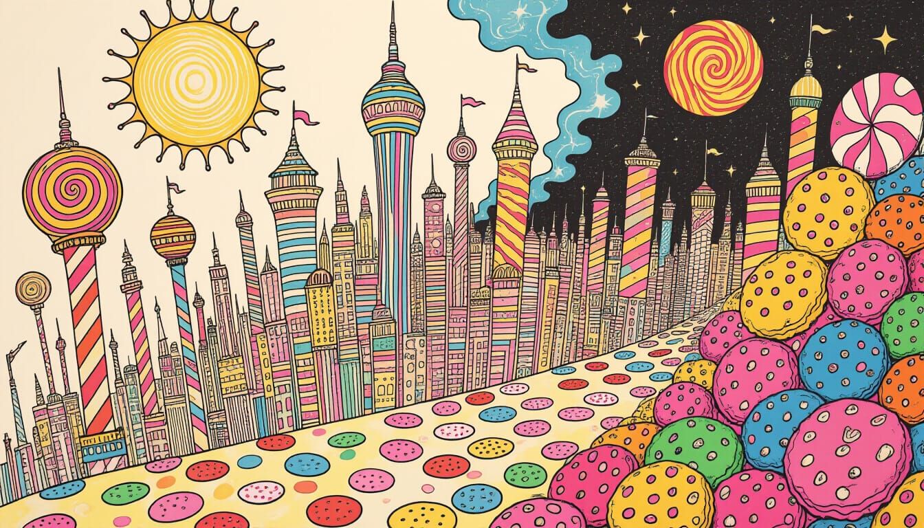 Psychedelic Candy Cityscape in Mixed Media Style