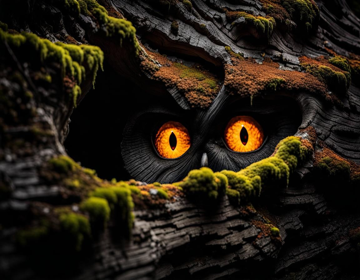 Glowing Eyes in Dark Forest Tree Trunk