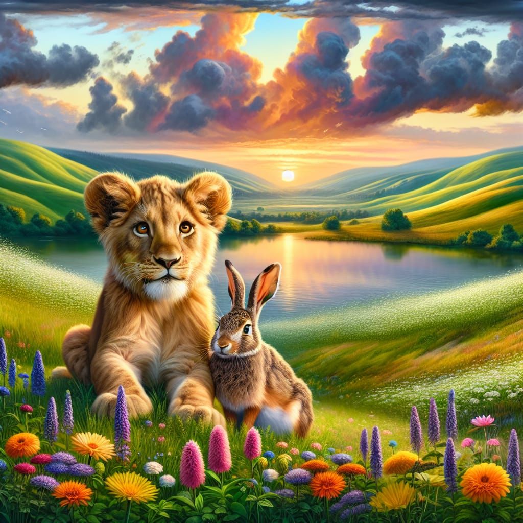 Lion Cub and Hare by Calm Lake at Sunset