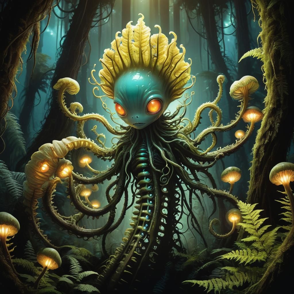 Bioluminescent Alien Creature in Biomechanical Forest
