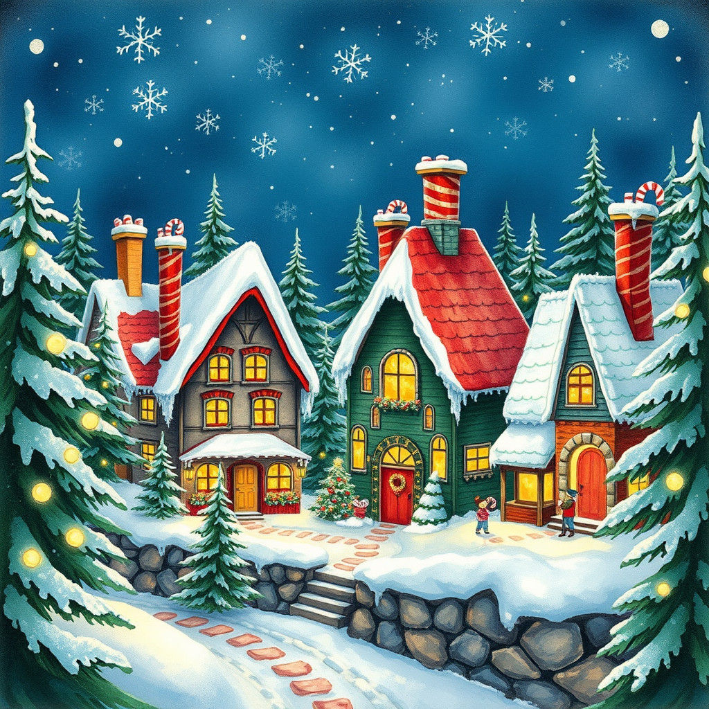 North Pole Christmas Houses in Watercolor Style