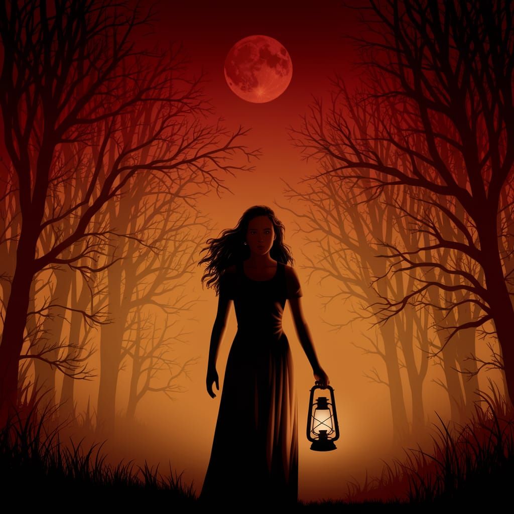 Eerie Forest Scene with Woman and Red Moon