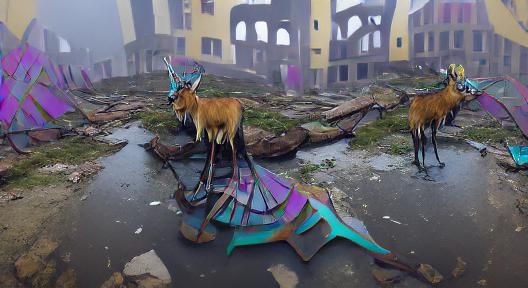 Maned Wolf with Antlers in Ruined City