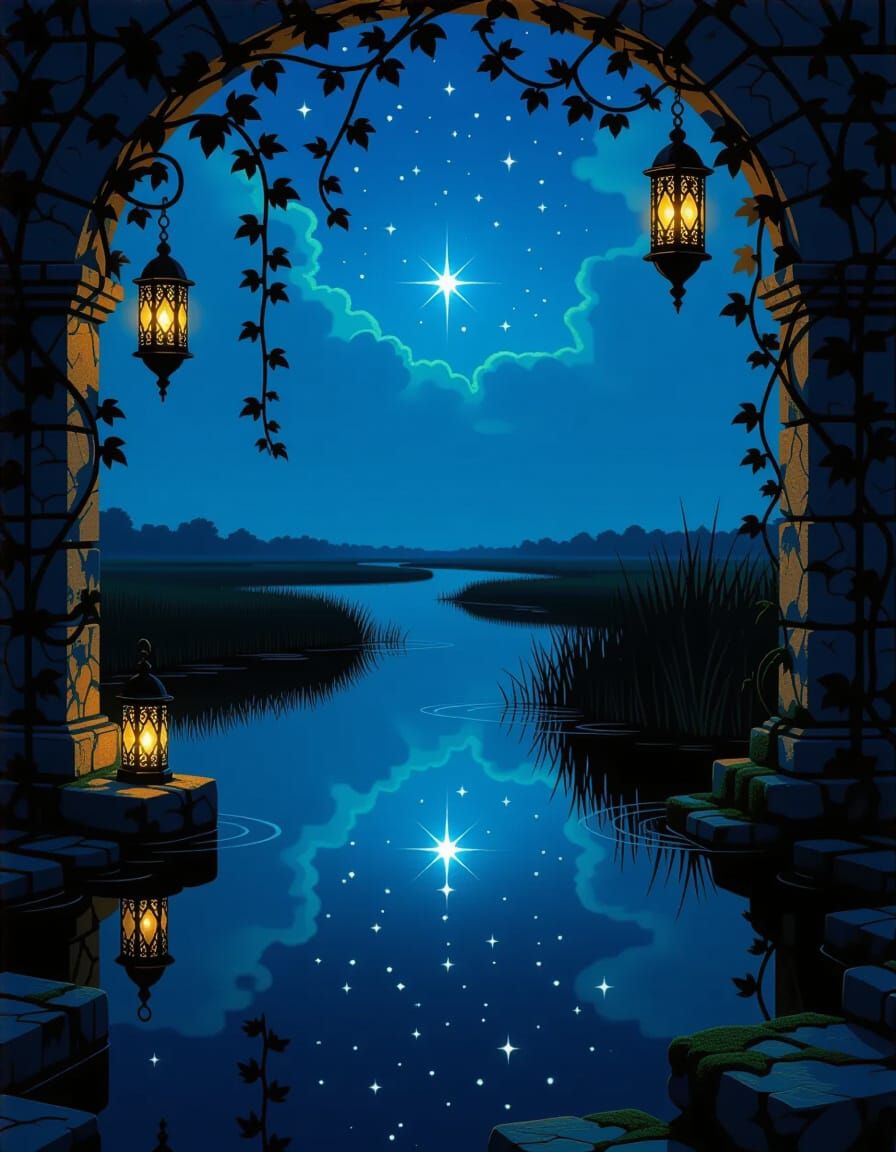 Enchanted Marsh at Night Reflecting Stars in Digital Paintin...