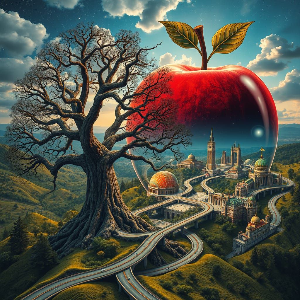 Surreal Oak Tree and Glass Apple with Roads