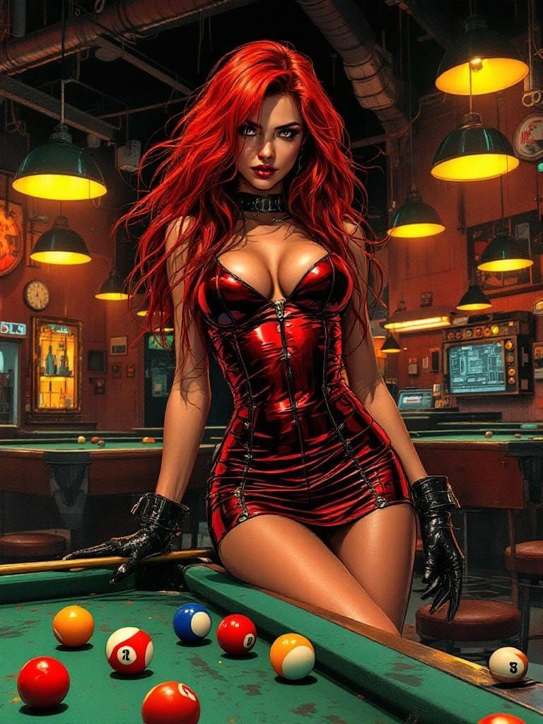 Cyberpunk Woman in Pool Hall, Graphic Novel Style