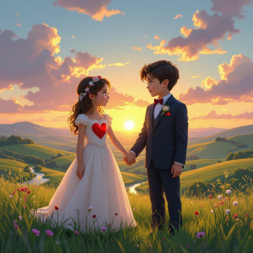 Couple Embracing at Sunset in Lush Landscape