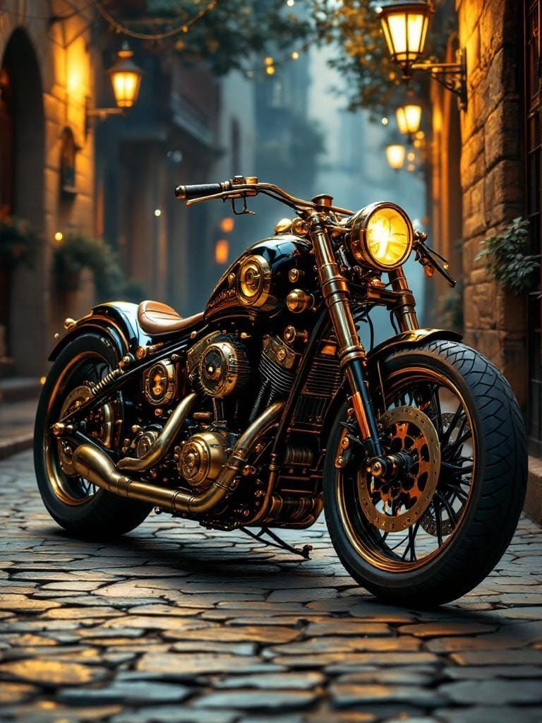 Steampunk Motorcycle in Alleyway with Dynamic Lighting
