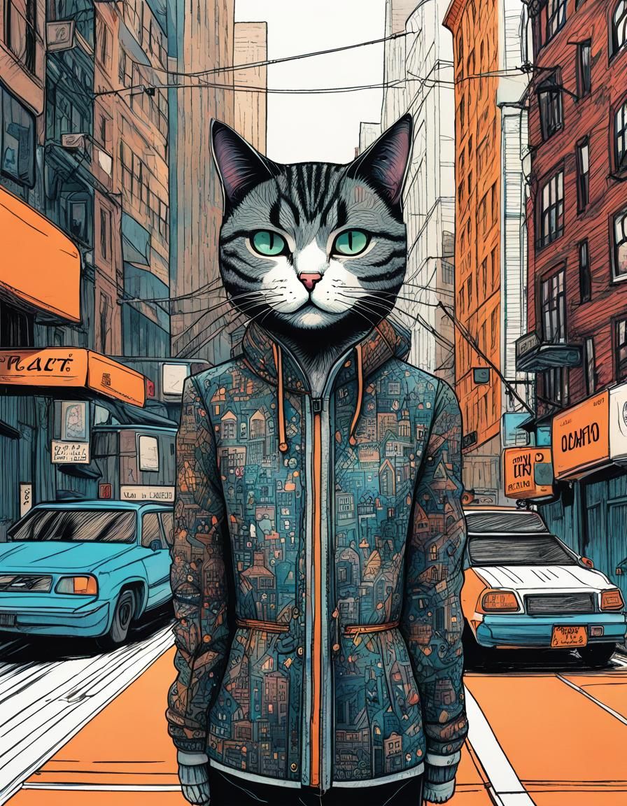 Humanoid Cat in New York: Hand-Drawn Sketch