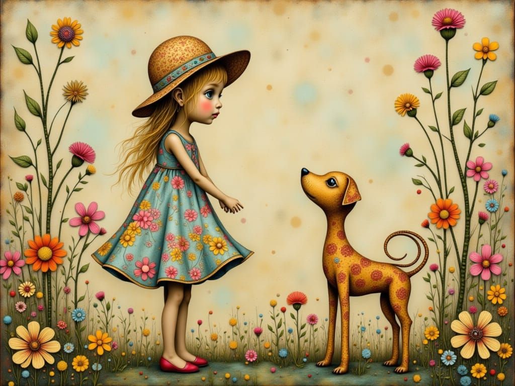 Whimsical Girl and Dog in Folk Art Style