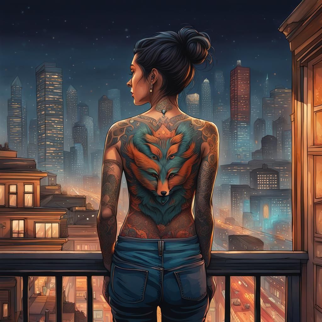 Woman with Fox Tattoo Overlooking Cityscape