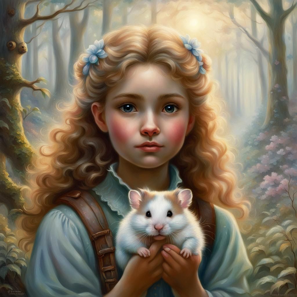 Girl with Hamster in Ethereal Forest