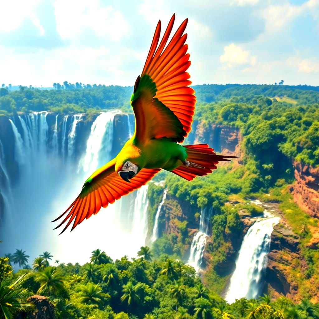 Parrot Soaring Over Jungle Waterfall Scene