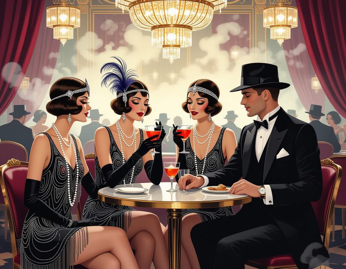 Flapper Dresses and Tailored Suits in Art Deco Opulence