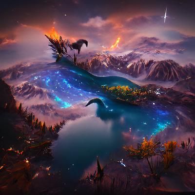 Unicorn at Glowing Lake Under Starry Sky