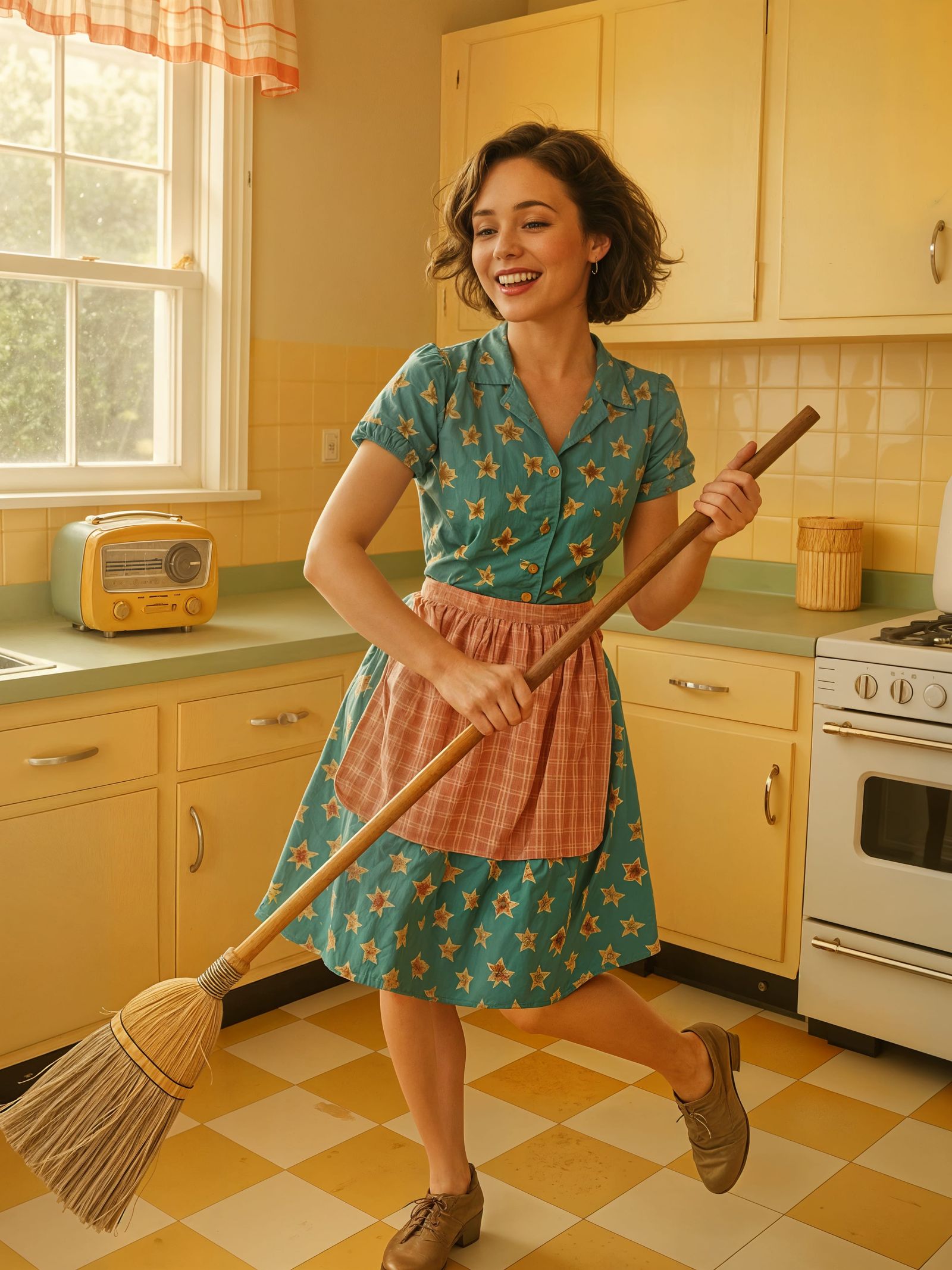 1950s Woman Joyfully Cleans Home in Vintage Photo Style