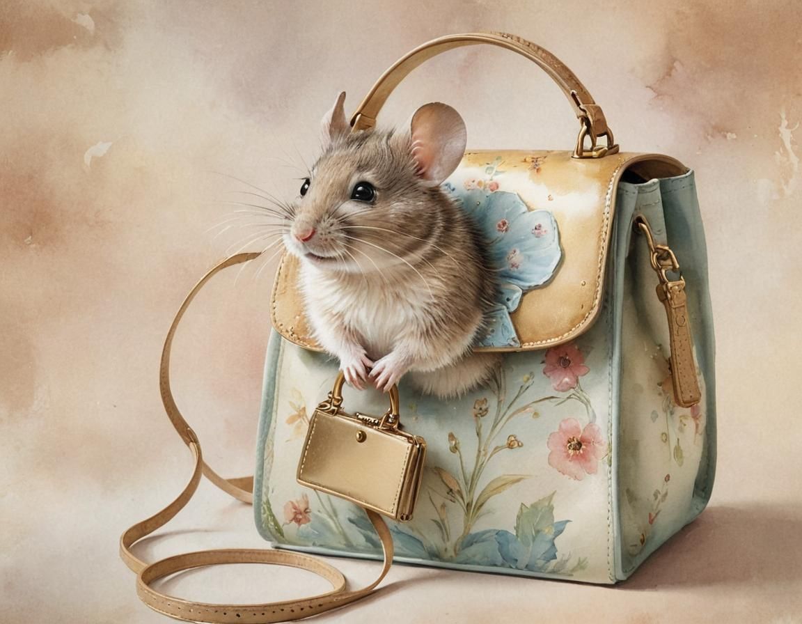Mouse in Handbag: Whimsical Watercolor Illustration