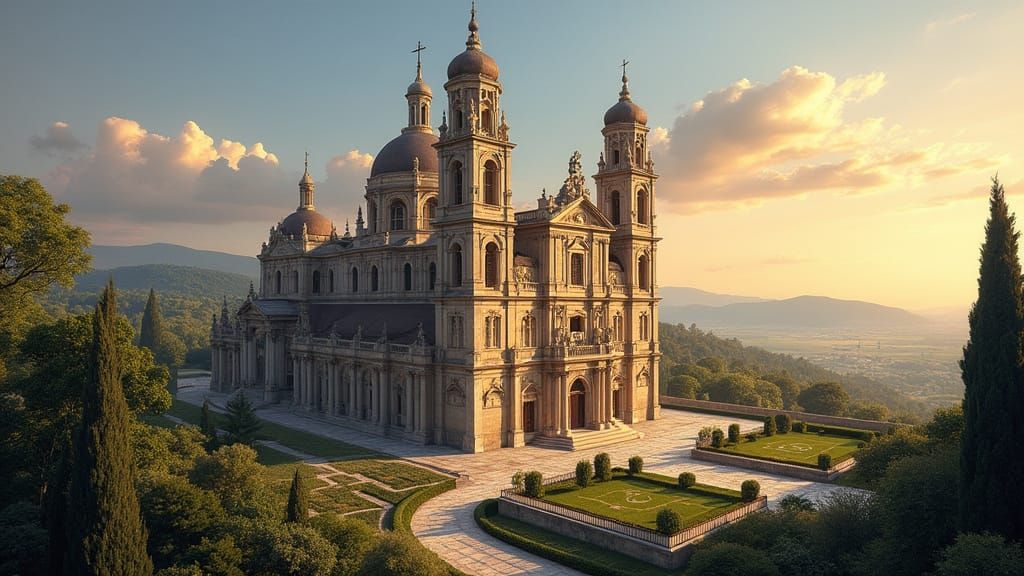 Baroque Church with Lush Gardens at Sunset