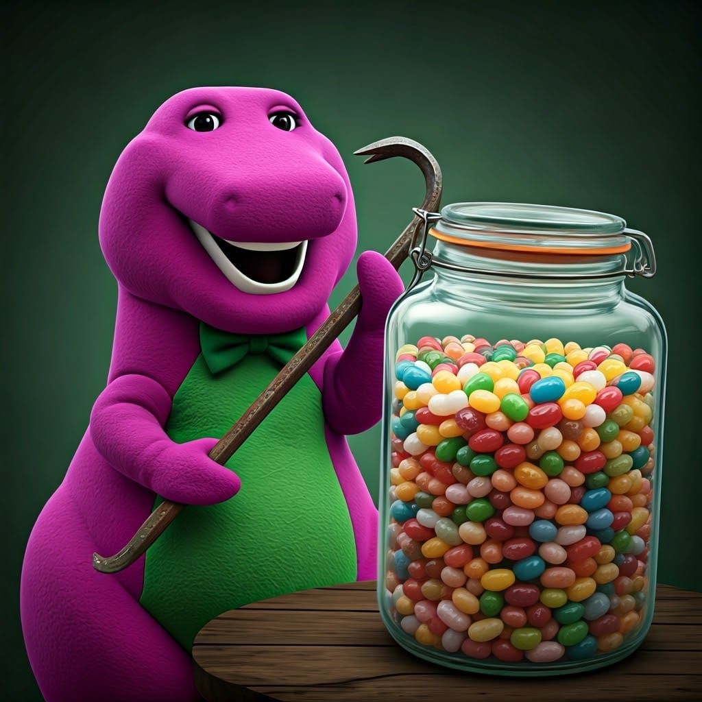 Barney the Purple Dinosaur uses a crowbar to open the lid on...