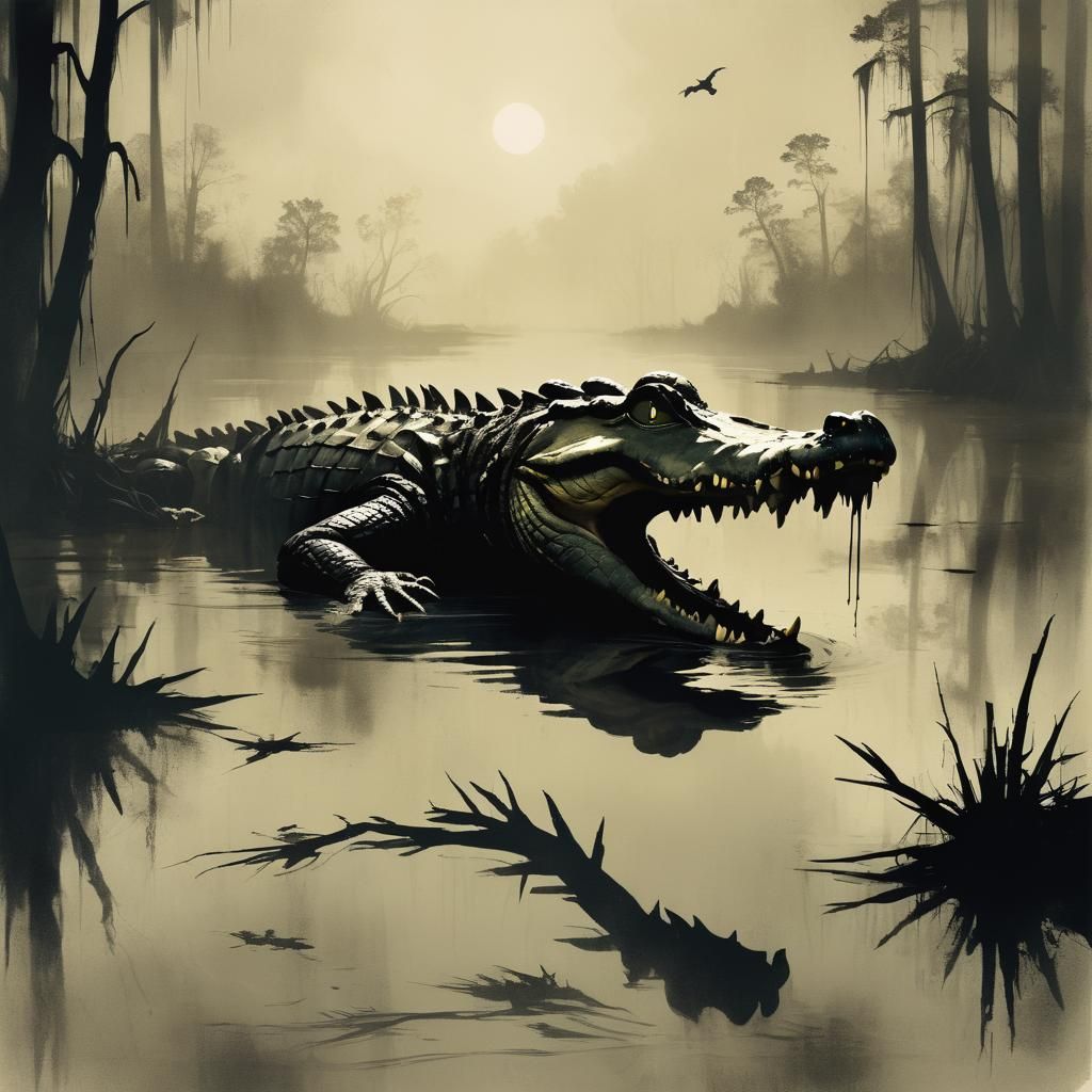 Alligator's Scream in Haunted Swamp, Chiaroscuro Style