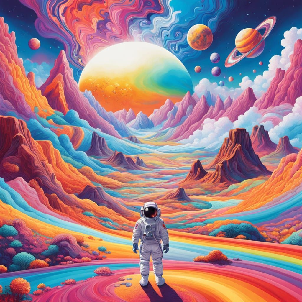 Astronaut Surrounded by Swirling Striped Planet