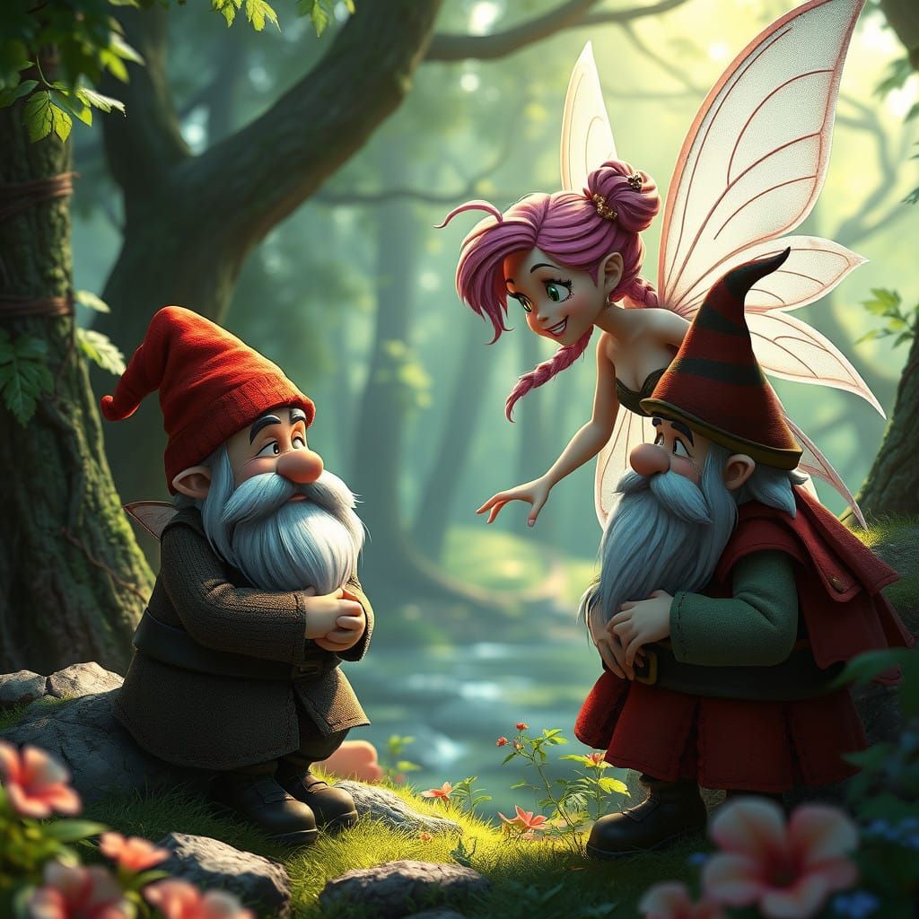 Whimsical Anime Fairy Converses with a Charming Gnome in Enc...