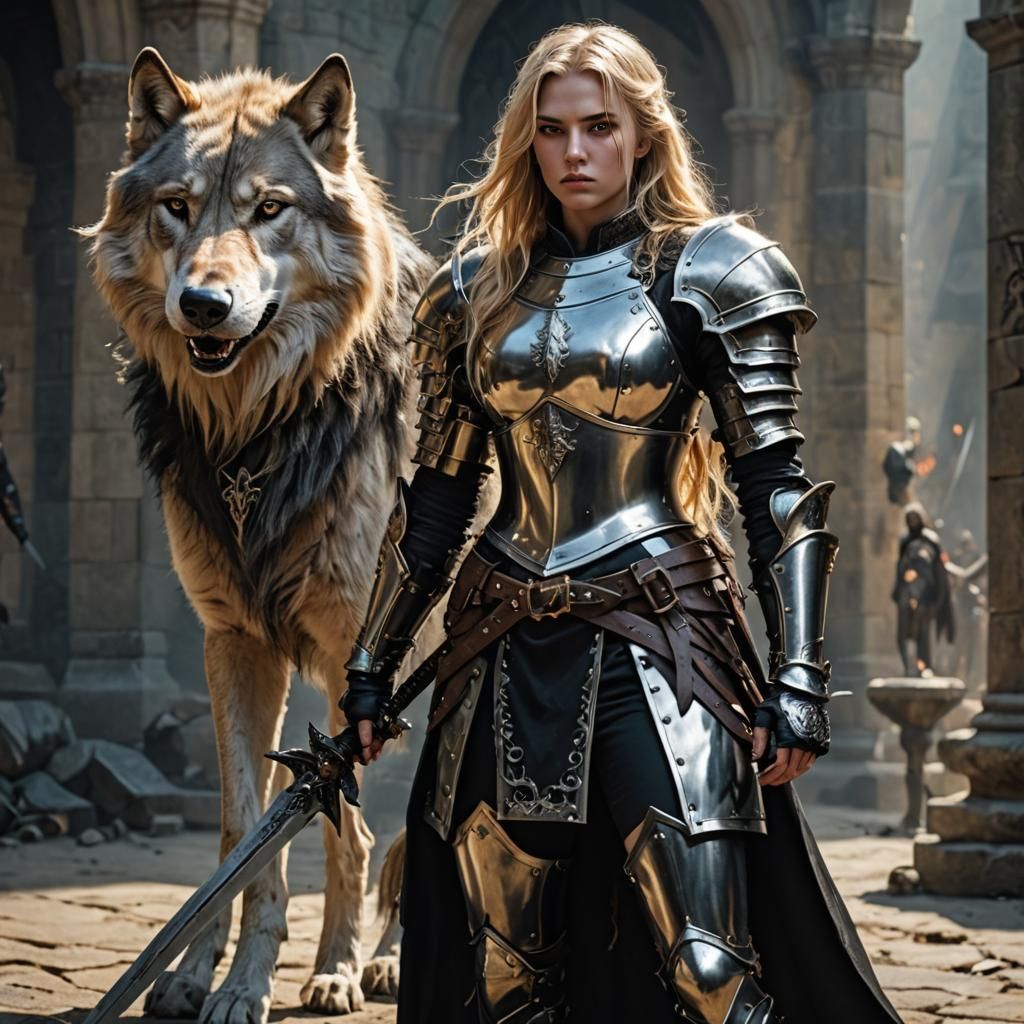 Blonde Female Knight in Black Armor with Wolf
