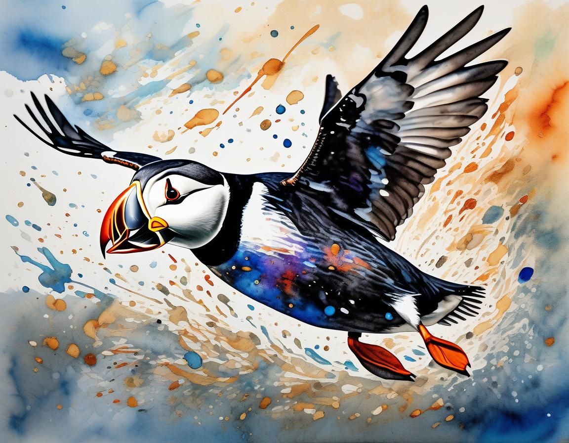 Puffin in Flight: Watercolor Bird Art