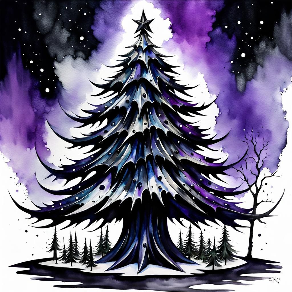 Gothic Dagger Christmas Tree in Watercolor Style