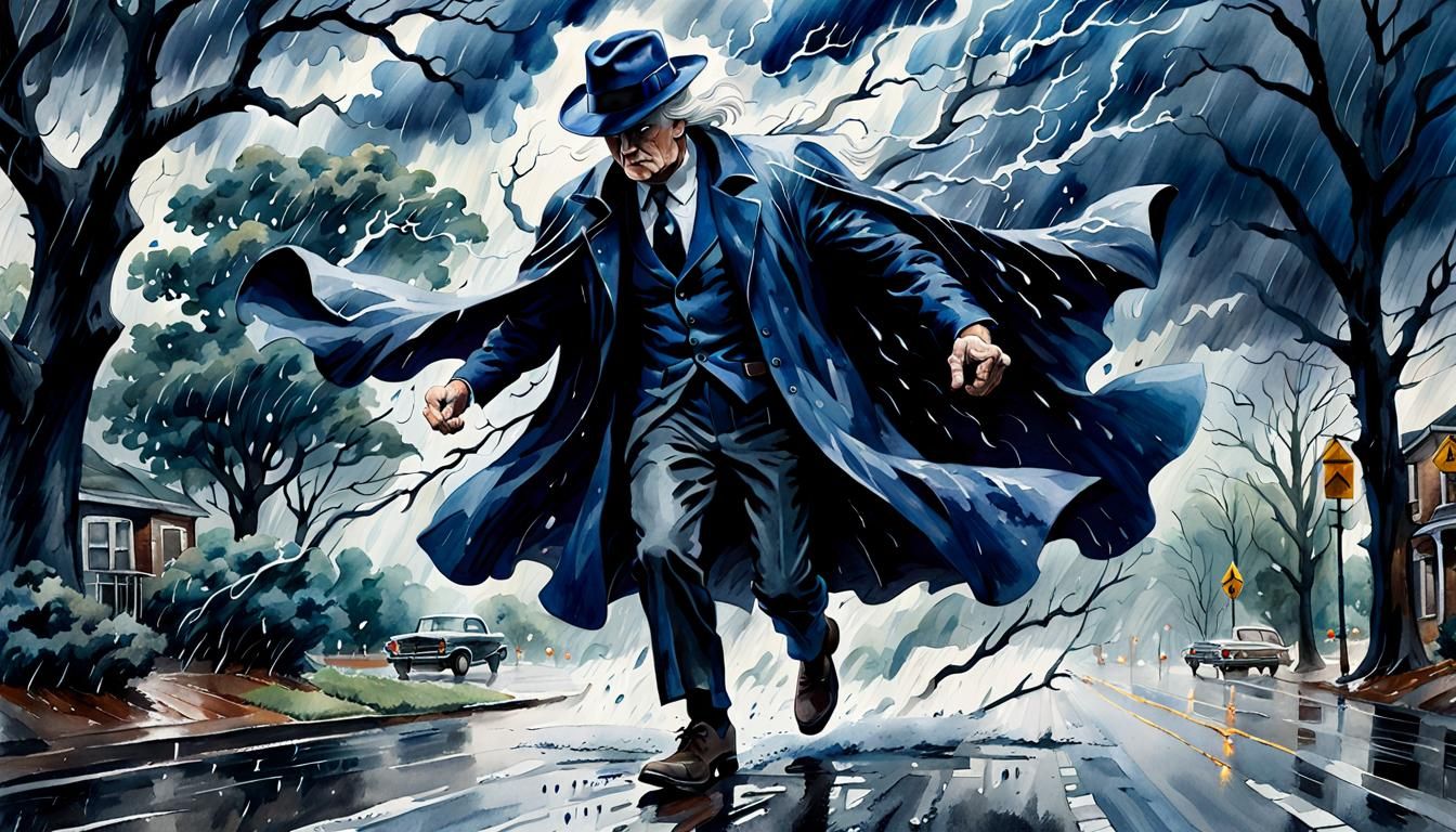 Victorian Man Walks Through Amsterdam Storm, Watercolor