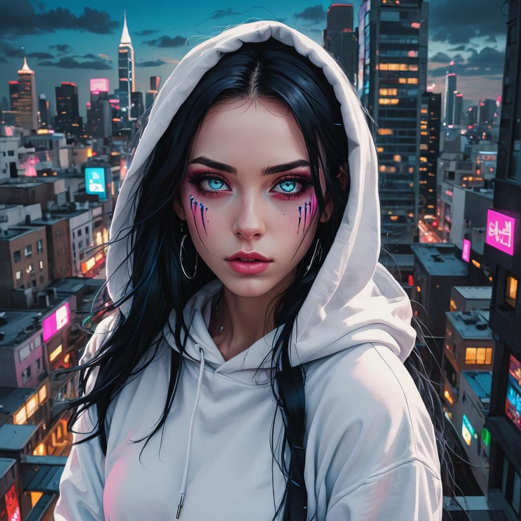 Dark Fantasy Girl in White Hoodie: Digital Art