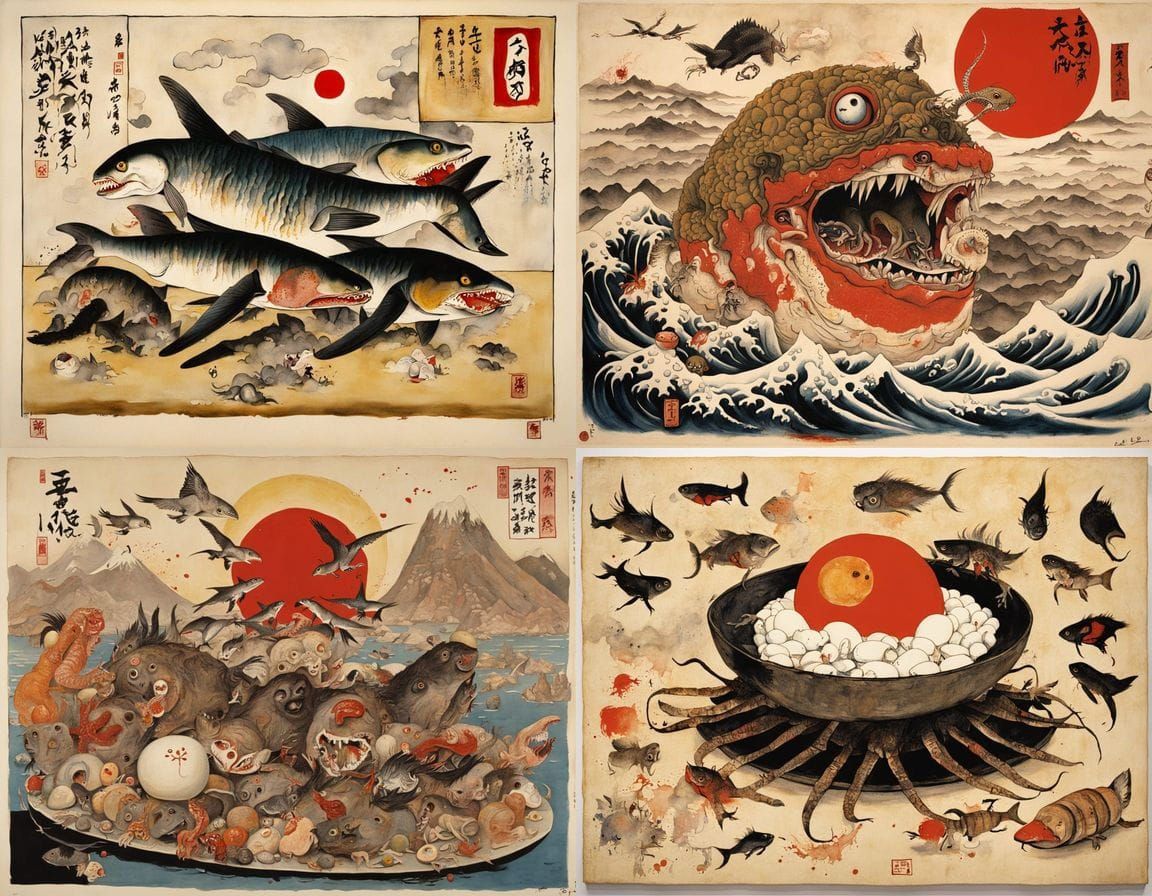 Surreal Japanese Horror Scene in Grotesque Art Style