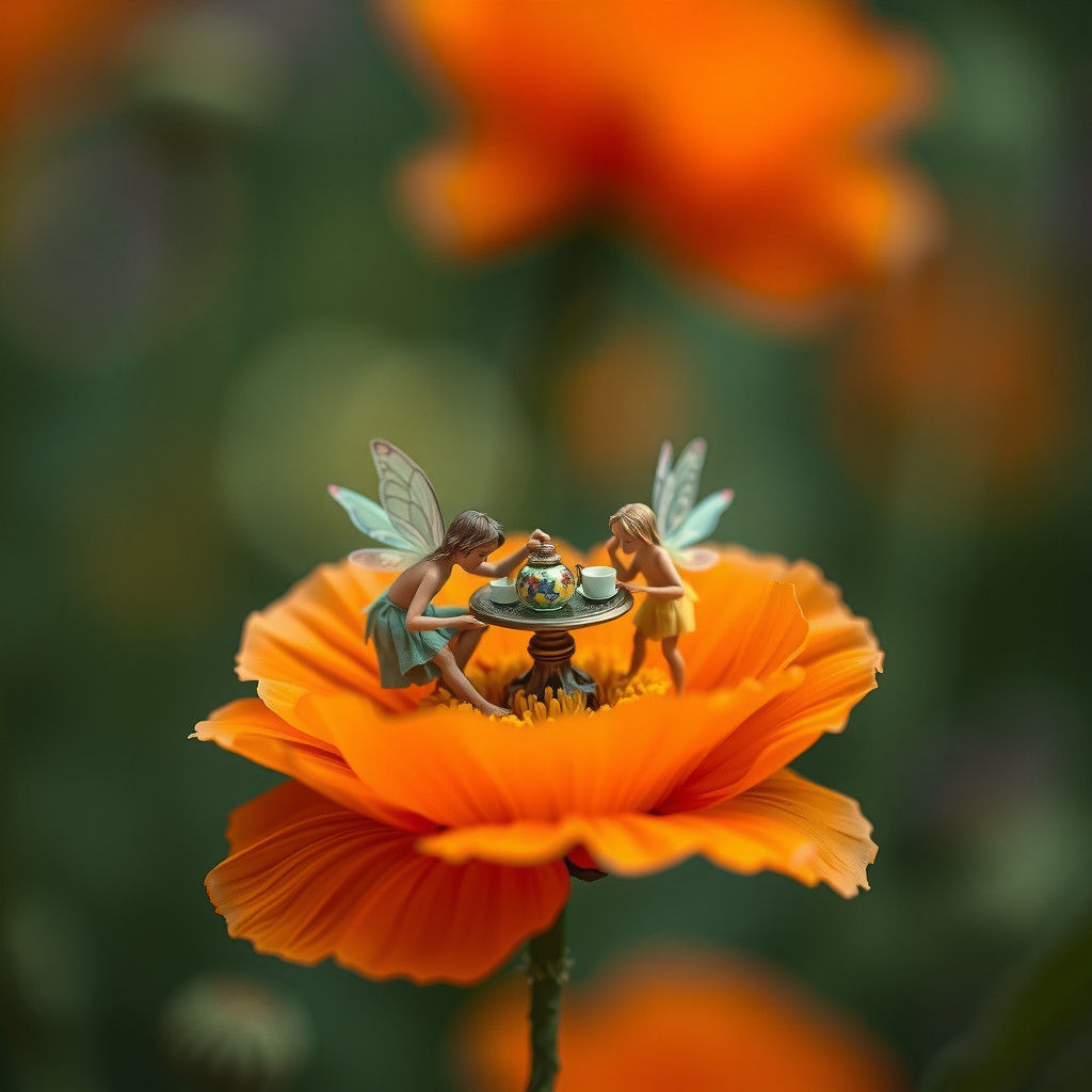 Macro Fairy Tea Party on Poppy Flower