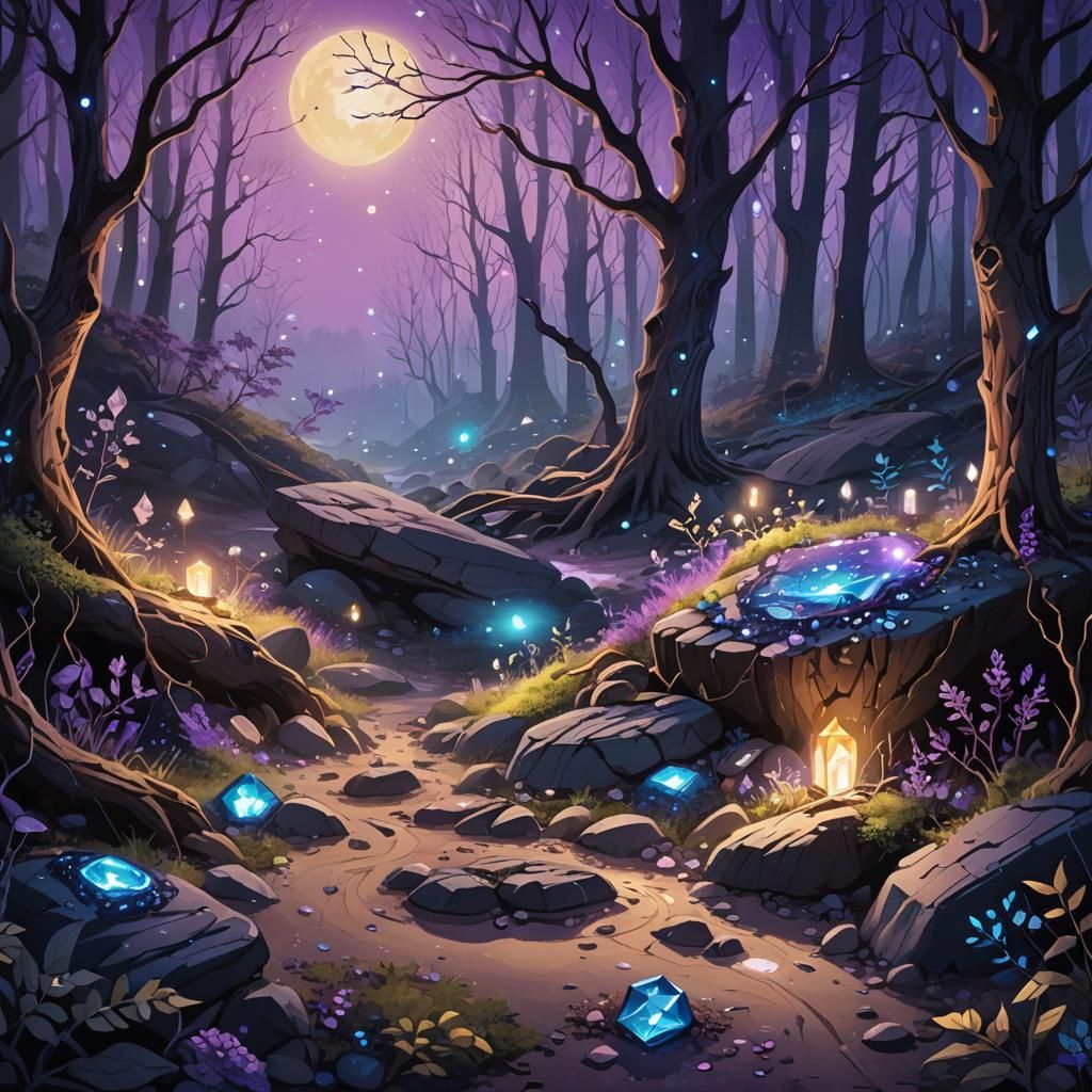 Bioluminescent Diamonds in Whimsical Fantasy Forest