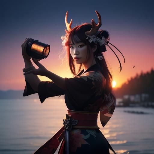 Double Exposure Dragon and Geisha Silhouette Art