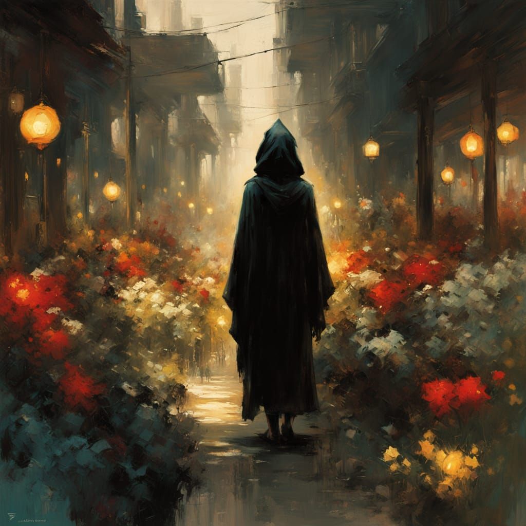 Mysterious Woman in a Whimsical Garden Scene