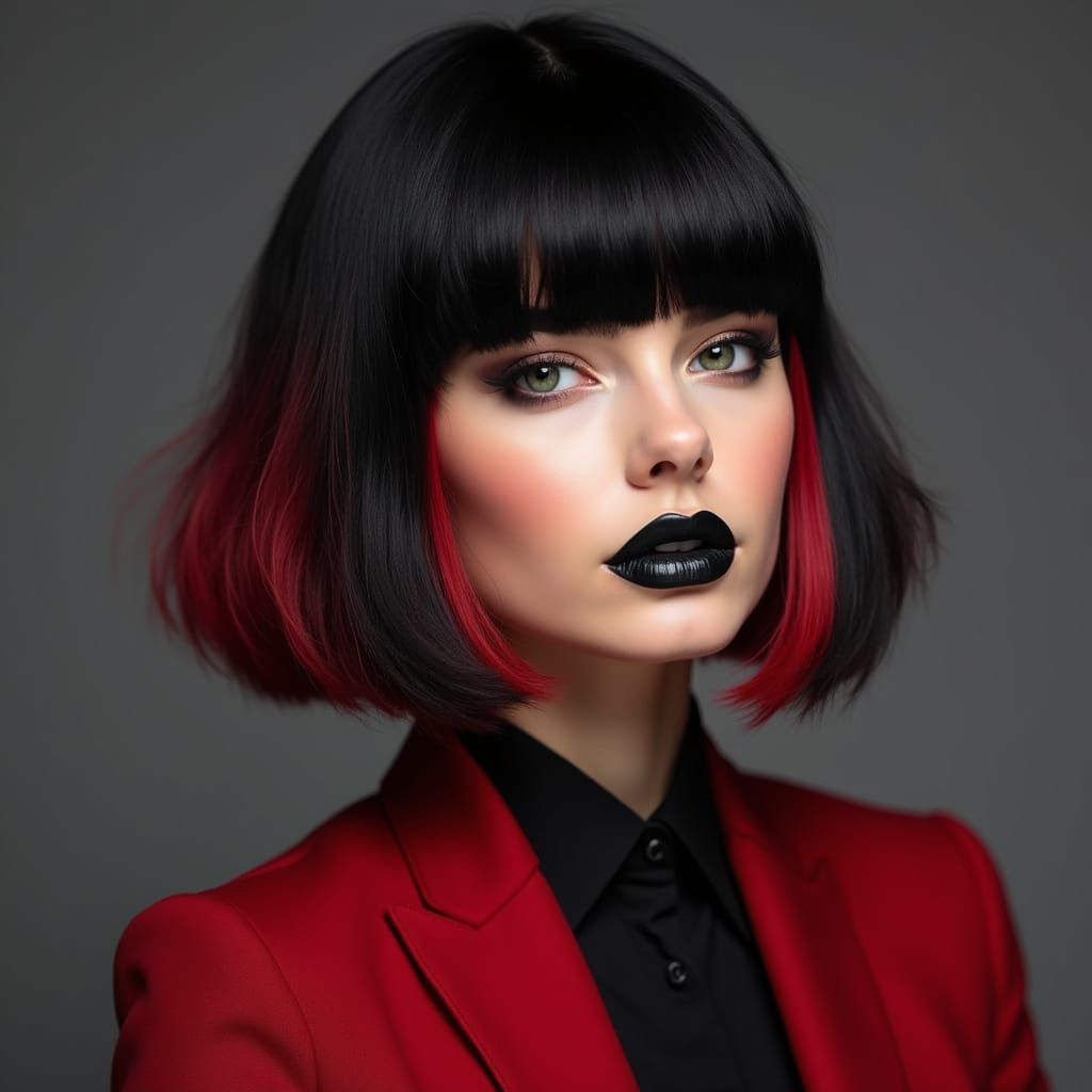 Alternative Woman in Black and Red Haircut and Makeup