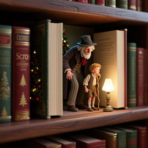 A bookshelf with several Christmas books. In-between two books is a book nook diorama depicting Ebenezer Scrooge with Ti...
