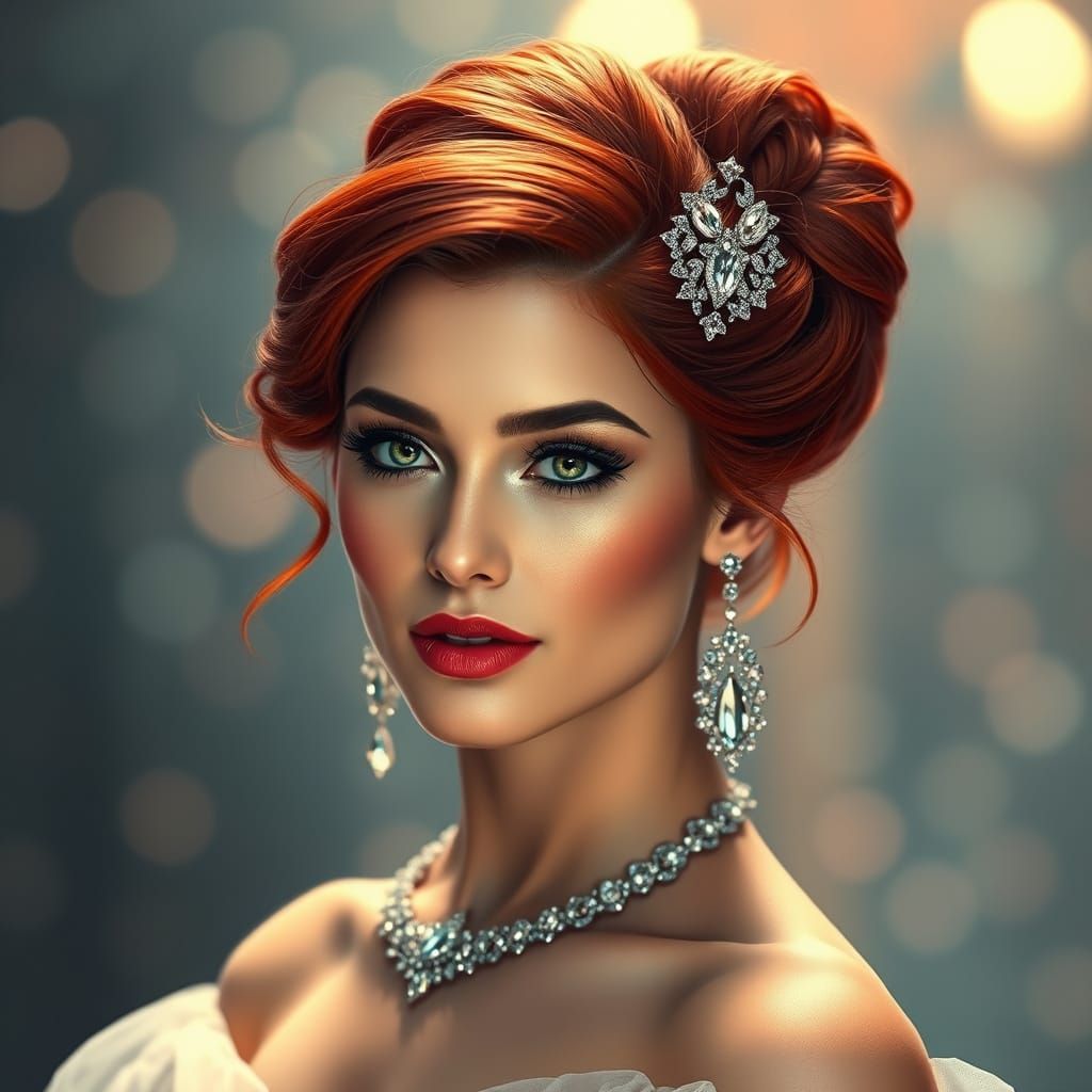 A stunning, ethereal portrait created with acrylic and vivid oils of a glamorous woman adorned in shimmering crystal jew...