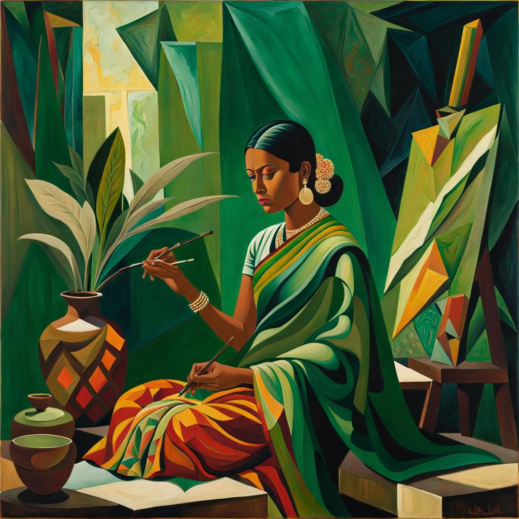 Woman in Sari Painting Portrait, Cubist Expressionism
