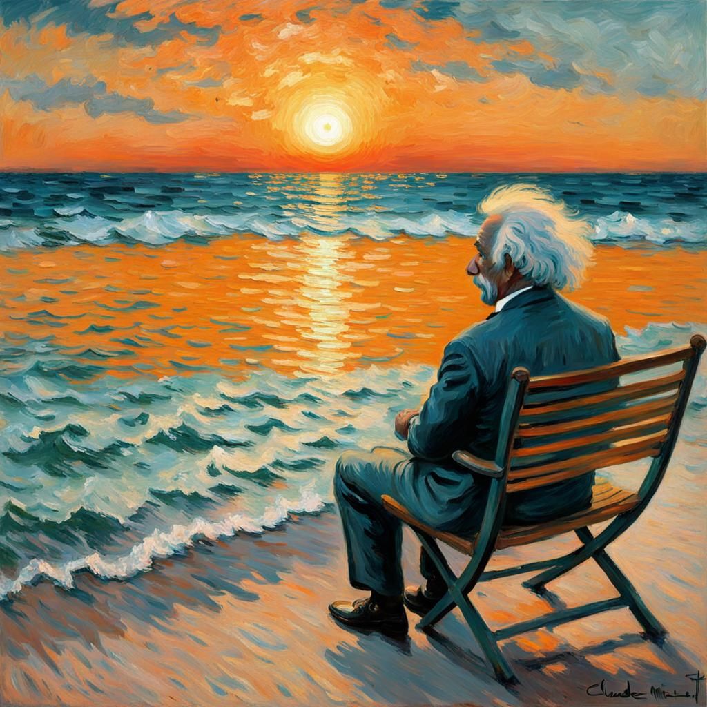 Albert Einstein watching the sunset Claude Monet orange and ...