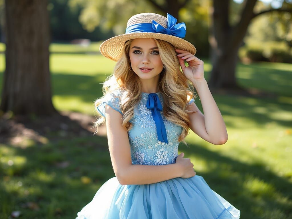 Confident Blonde Model in Elegant Blue Dress