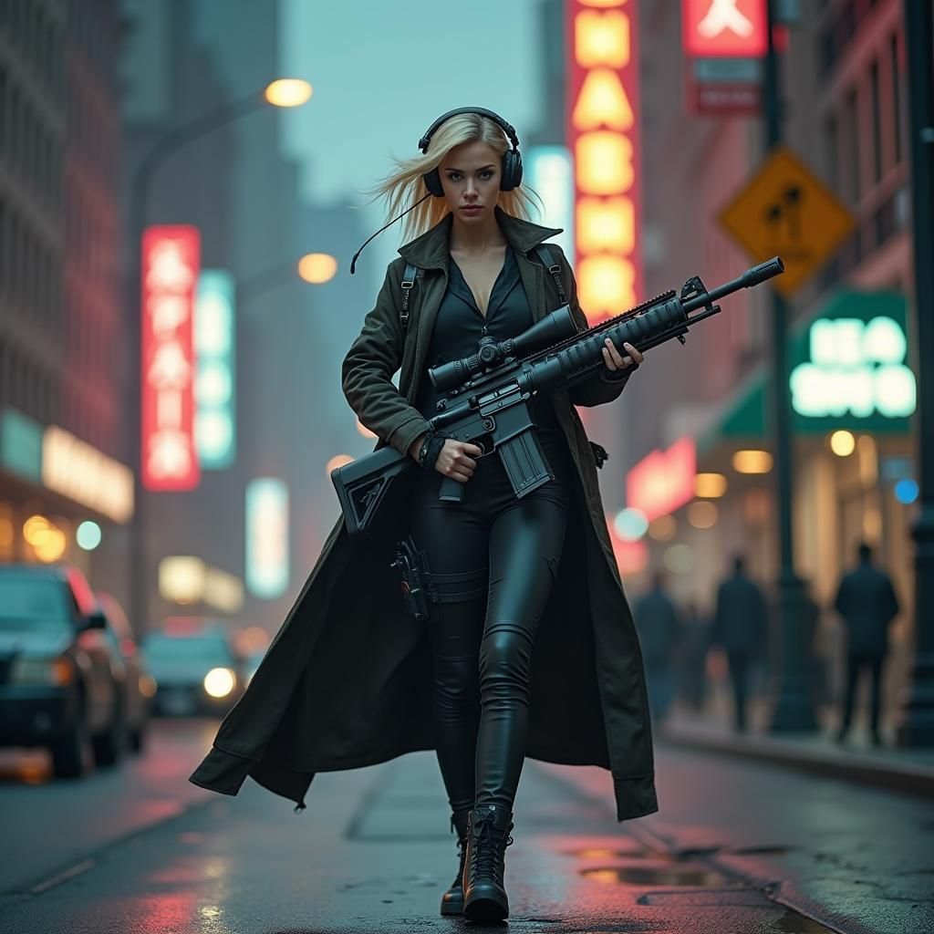 Futuristic Sniper on Patrol in Gritty Cityscape
