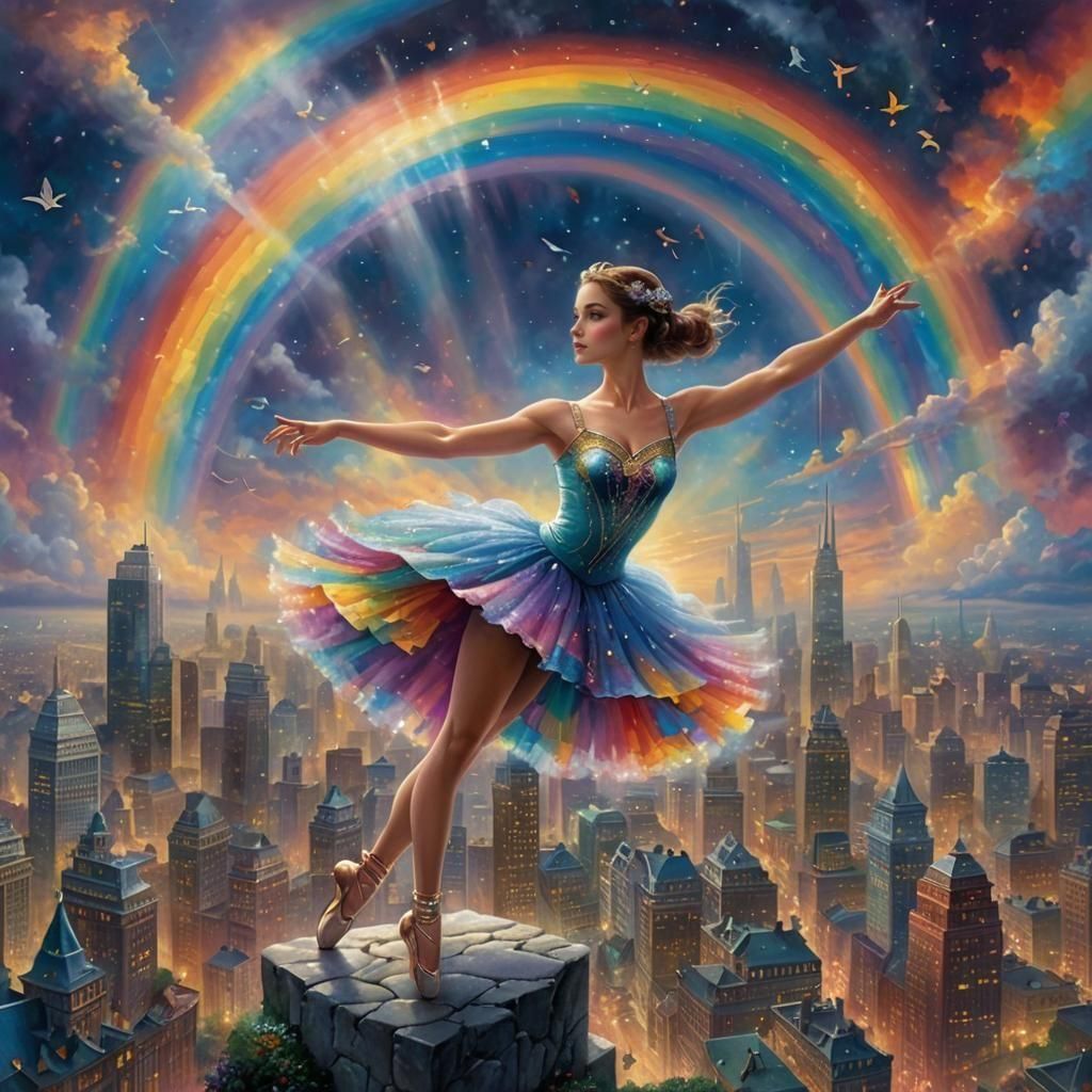Rainbow Ballet Dancer in a Fantasy Cityscape