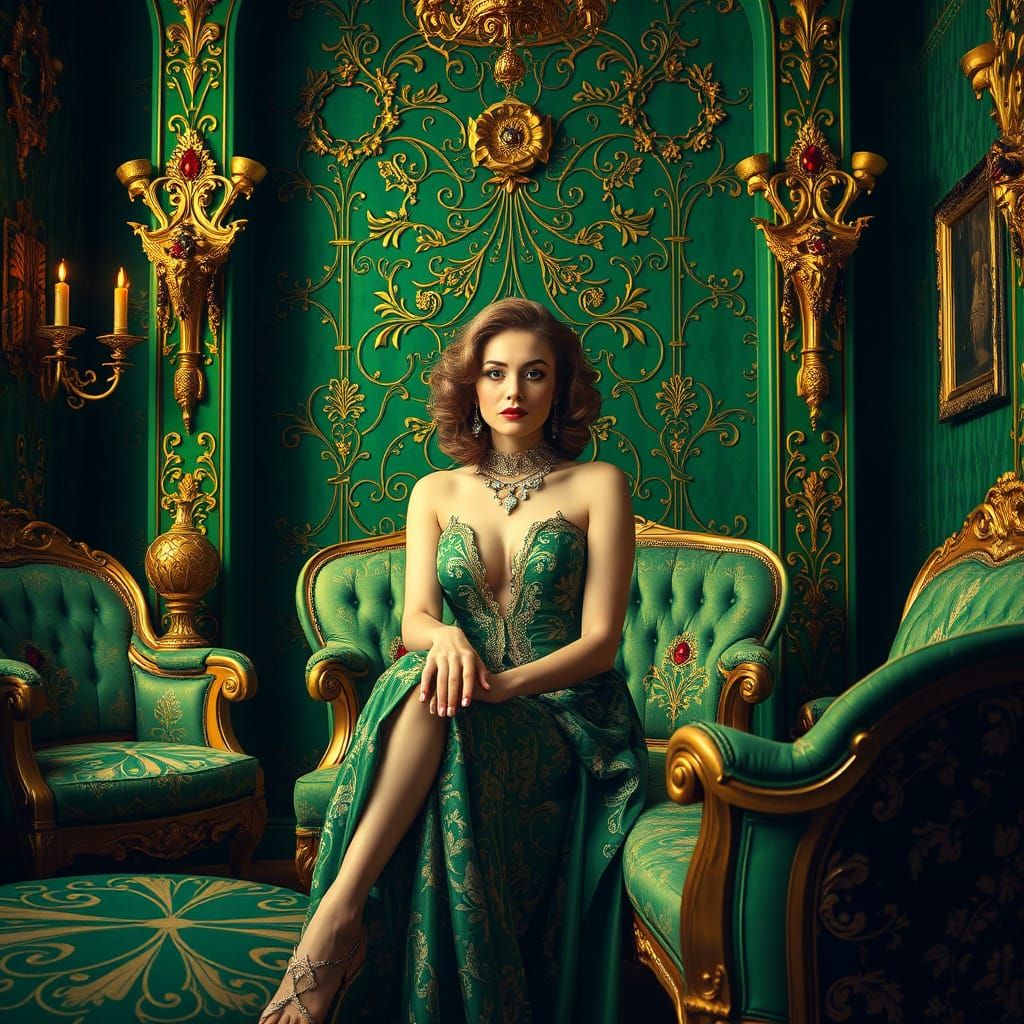 Luxurious Woman in Green and Gold Art Nouveau Room