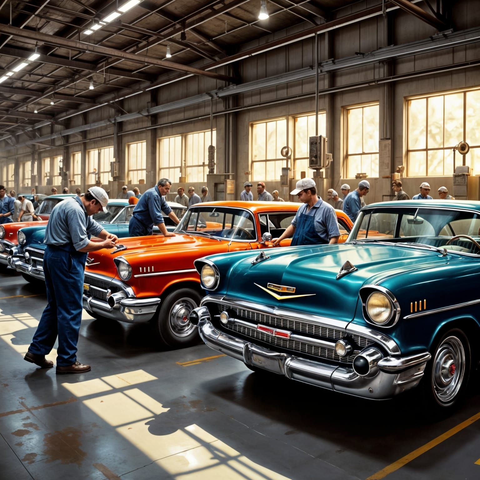 Factory Workers Assemble 1957 Chevrolets with God Rays