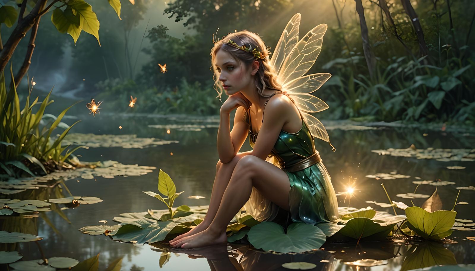 Solitary Fairy Deep in Thought by Pond