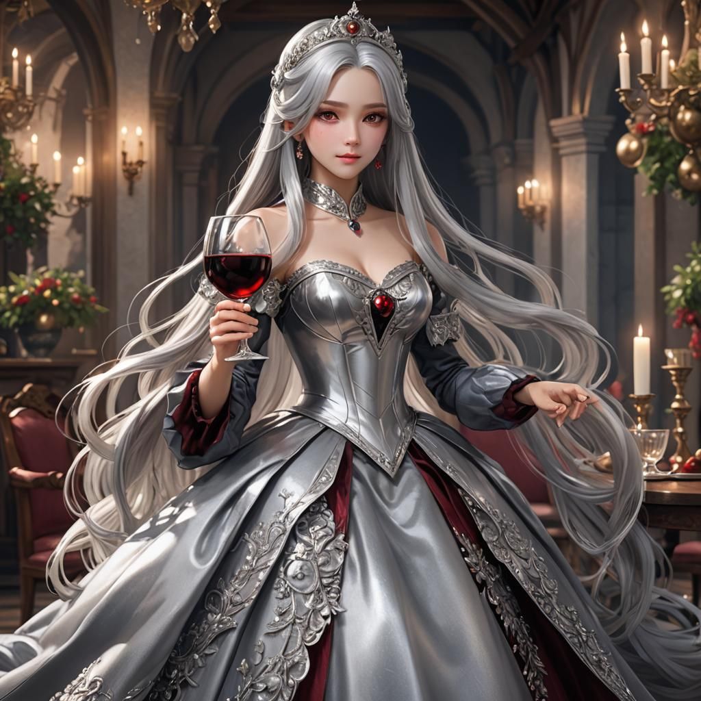 Anime Princess in Silver Gown with Wine